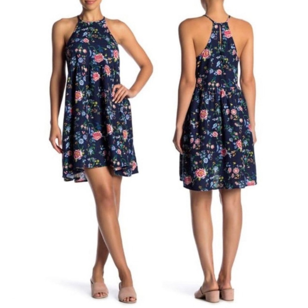 Abound Navy Blue Linen Blend Floral Halter Neck Shift Dress XXS